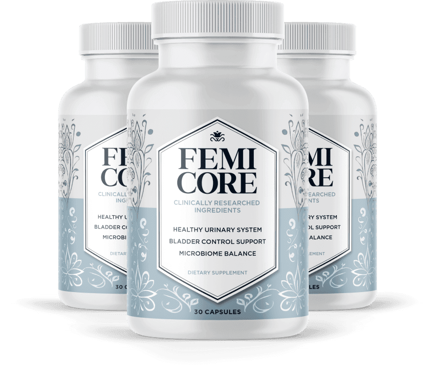 FemiCore probiotic supplement bottles for bladder control and UTI prevention